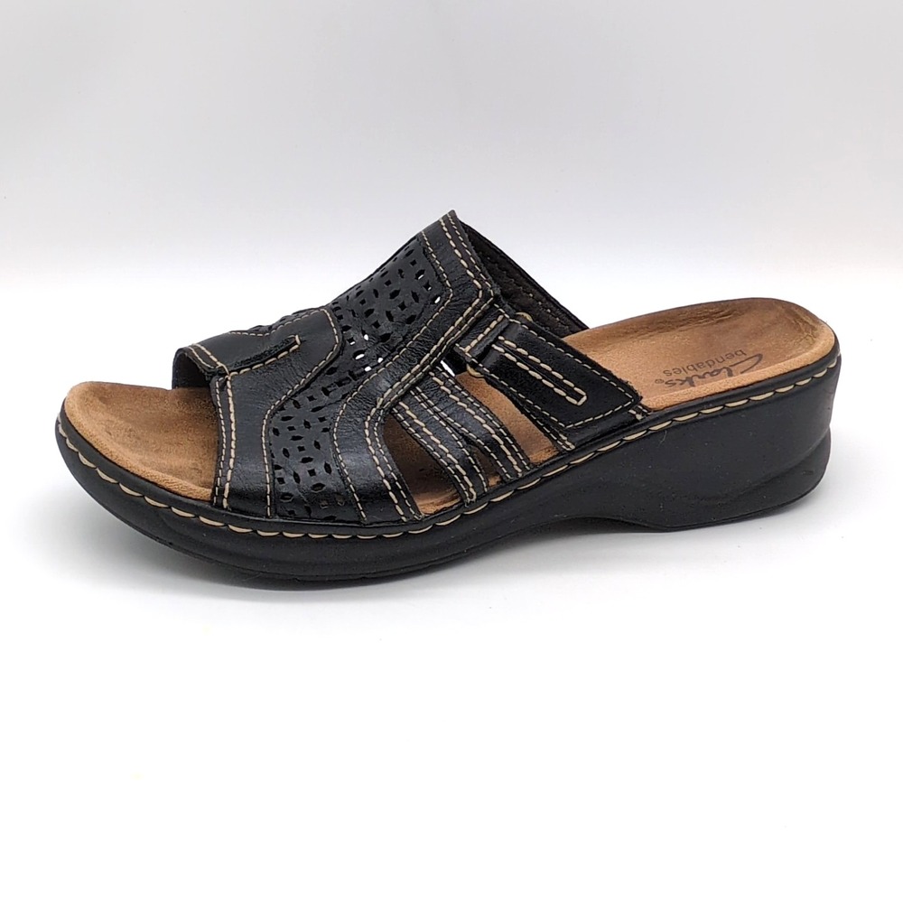 Clarks Shoes Womens Black 9 Leather Slide Sandals Hook Loop Strap Comfort
